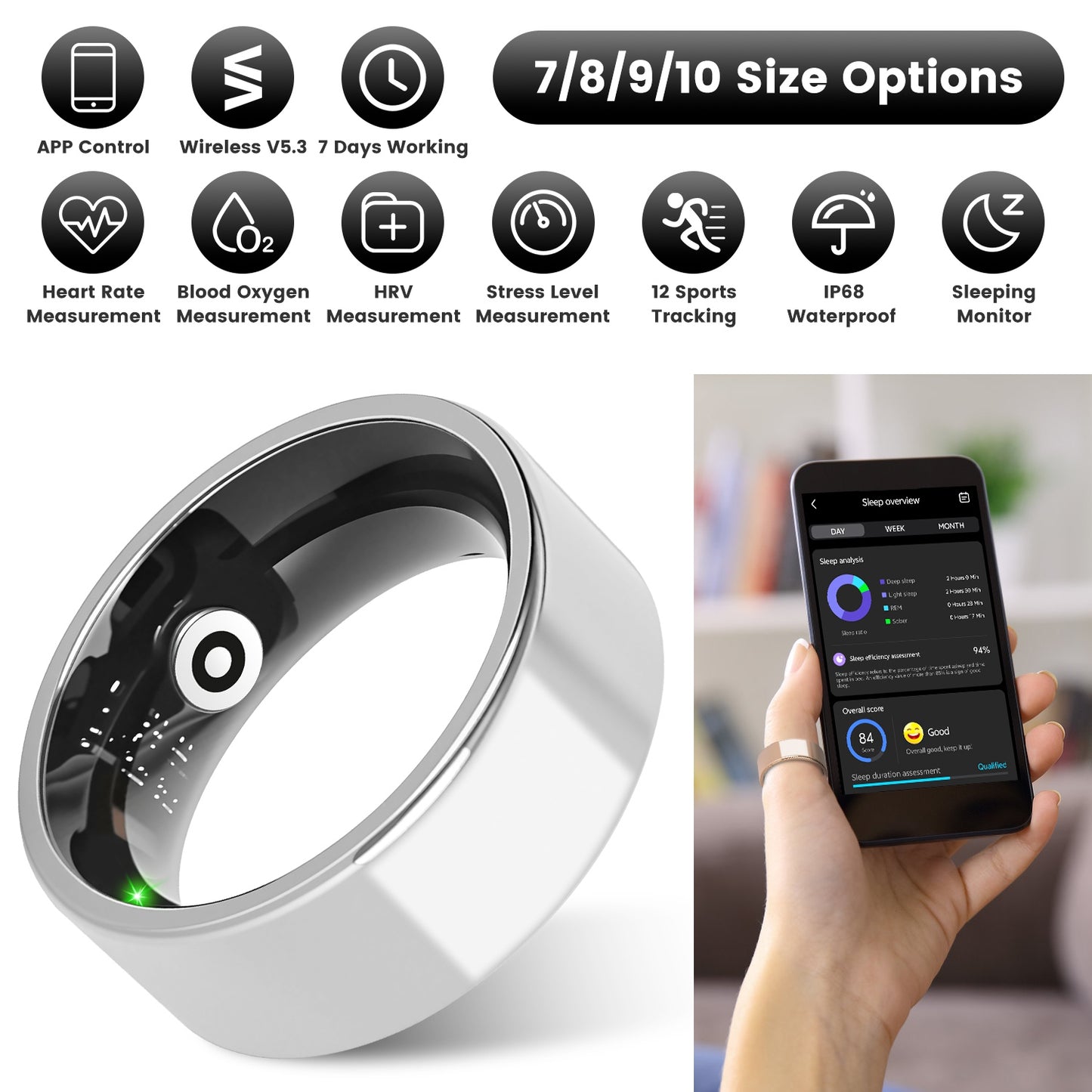Pro-Series Smart Health Ring with Portable Charging Case | Advanced Sleep, Stress & HRV Tracker | 7-Day Ultra-Long Endurance